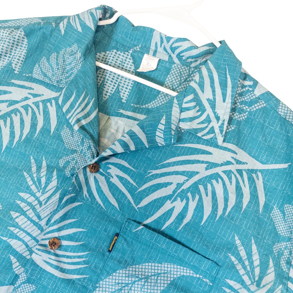 Palmwave Hawaii Mens 3XL Teal Tropical Monstera Leaf Print Cotton Camp Shirt